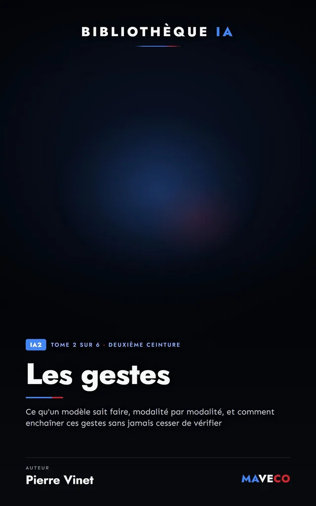 Couverture du livre « Les gestes », tome 2 sur 6 de la Bibliothèque IA de Pierre Vinet, sur fond sombre avec la couleur d’accent orange