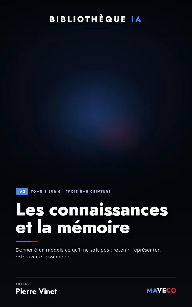 Couverture du livre « Les connaissances et la mémoire », tome 3 sur 6 de la Bibliothèque IA de Pierre Vinet, sur fond sombre avec la couleur d’accent sarcelle