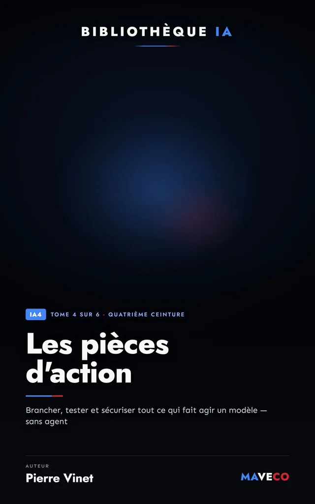 Couverture du livre « Les pièces d'action », tome 4 sur 6 de la Bibliothèque IA de Pierre Vinet, sur fond sombre avec la couleur d’accent ambre