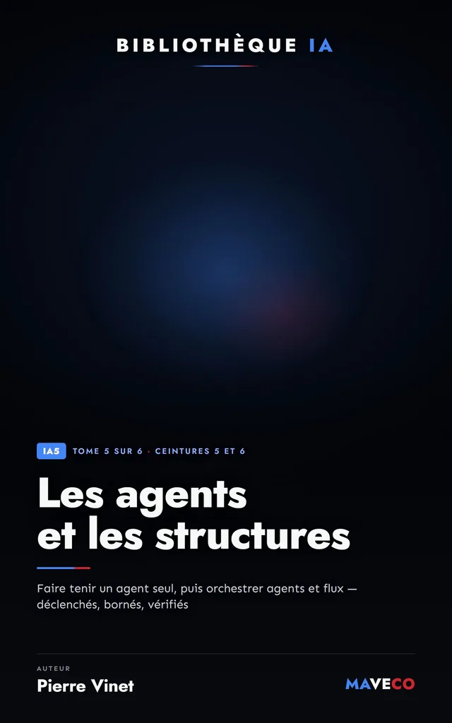 Couverture du livre « Les agents et les structures », tome 5 sur 6 de la Bibliothèque IA de Pierre Vinet, sur fond sombre avec la couleur d’accent violet