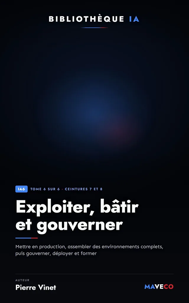 Couverture du livre « Exploiter, bâtir et gouverner », tome 6 sur 6 de la Bibliothèque IA de Pierre Vinet, sur fond sombre avec la couleur d’accent bleu ciel